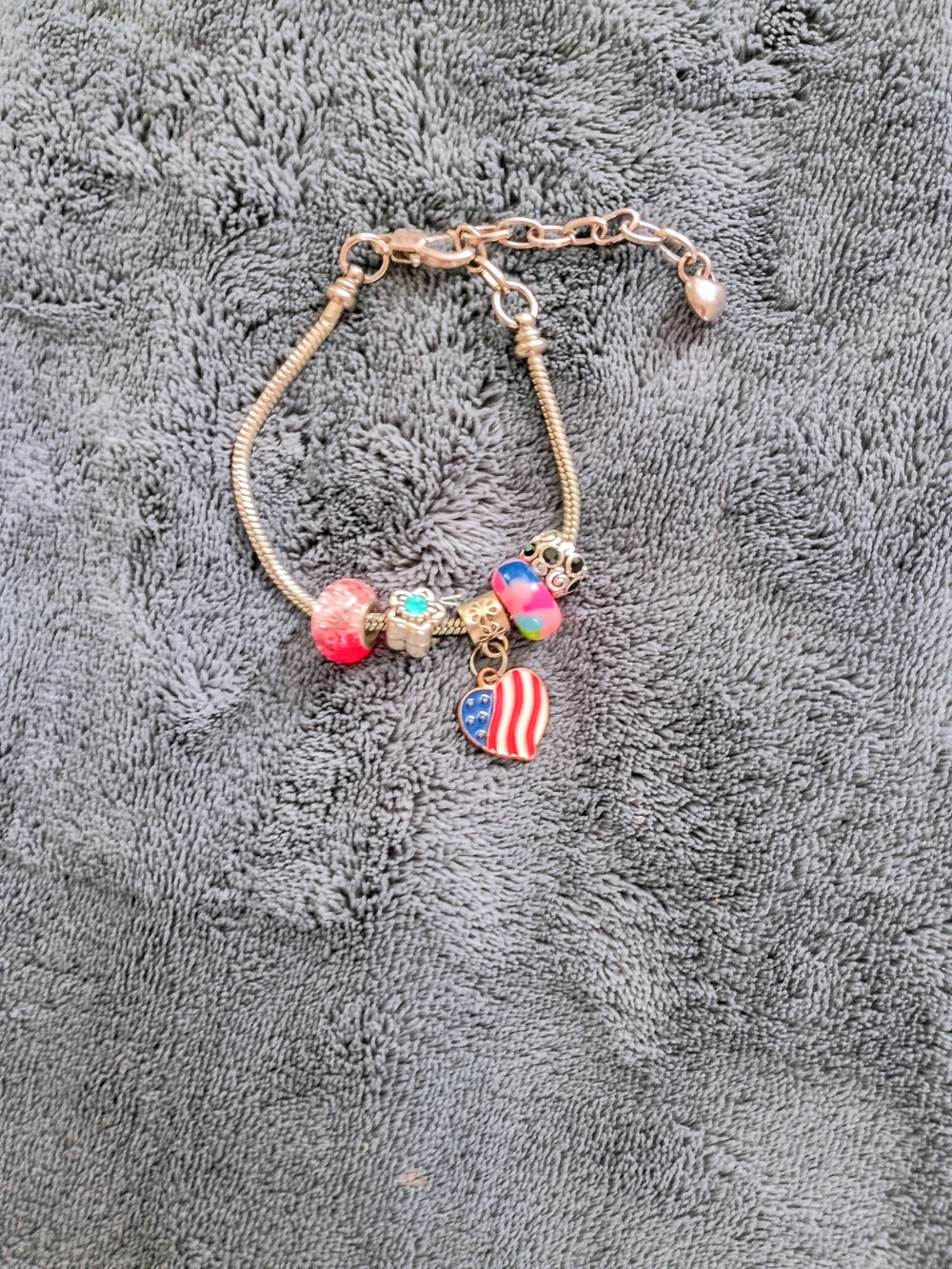 Pandora Silver Tone Charm Bracelet with Red, Blue & Pink Charms. charms included